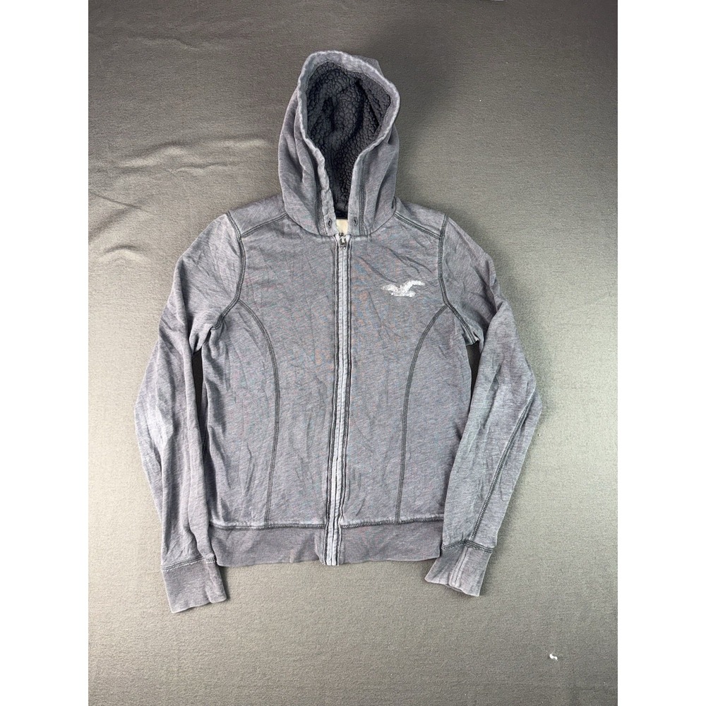 Holister Gray Zip Up Sherpa Lined Hoodie With Sequenced Logo Women's Large